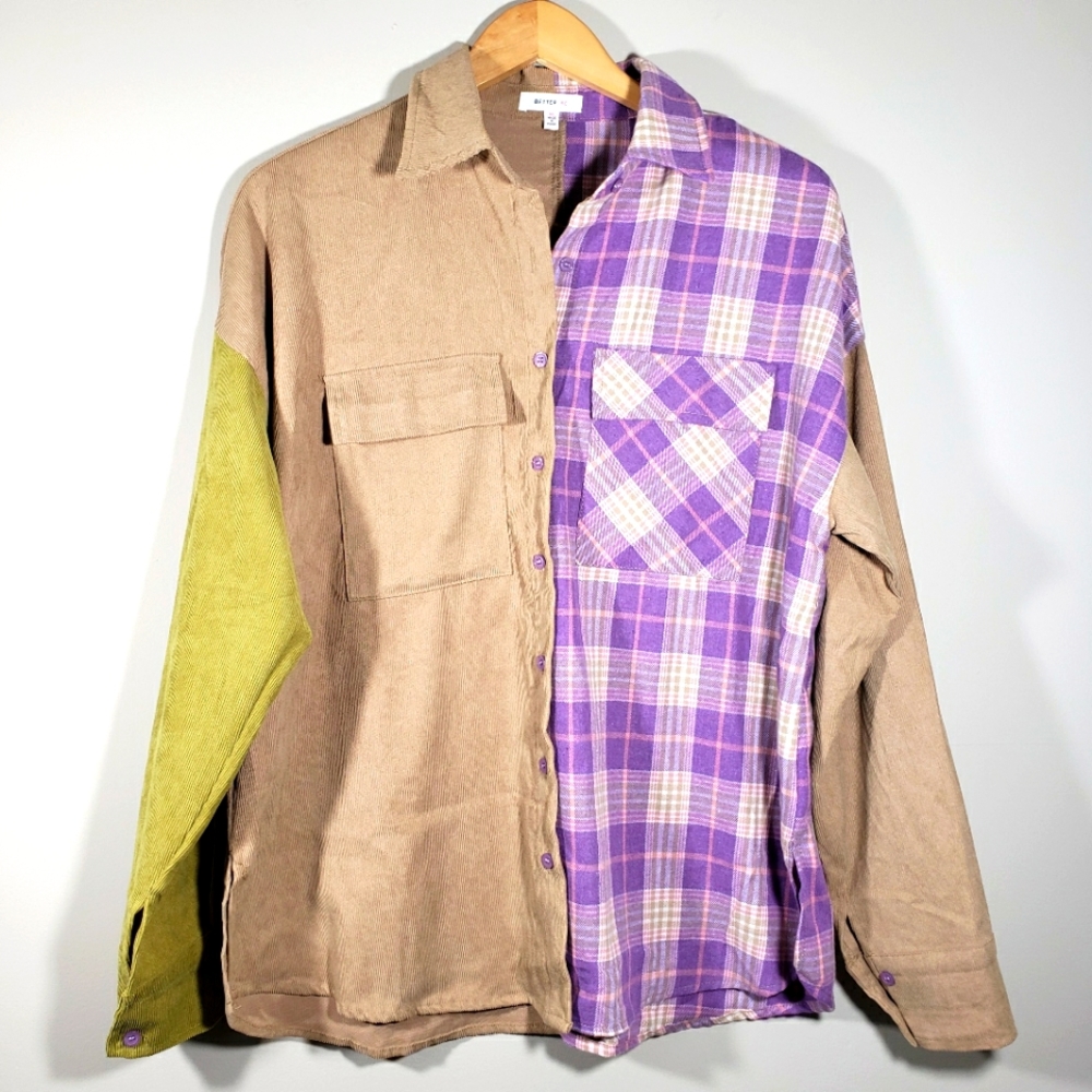 Women fits M/L plaid and corduroy button down shirt